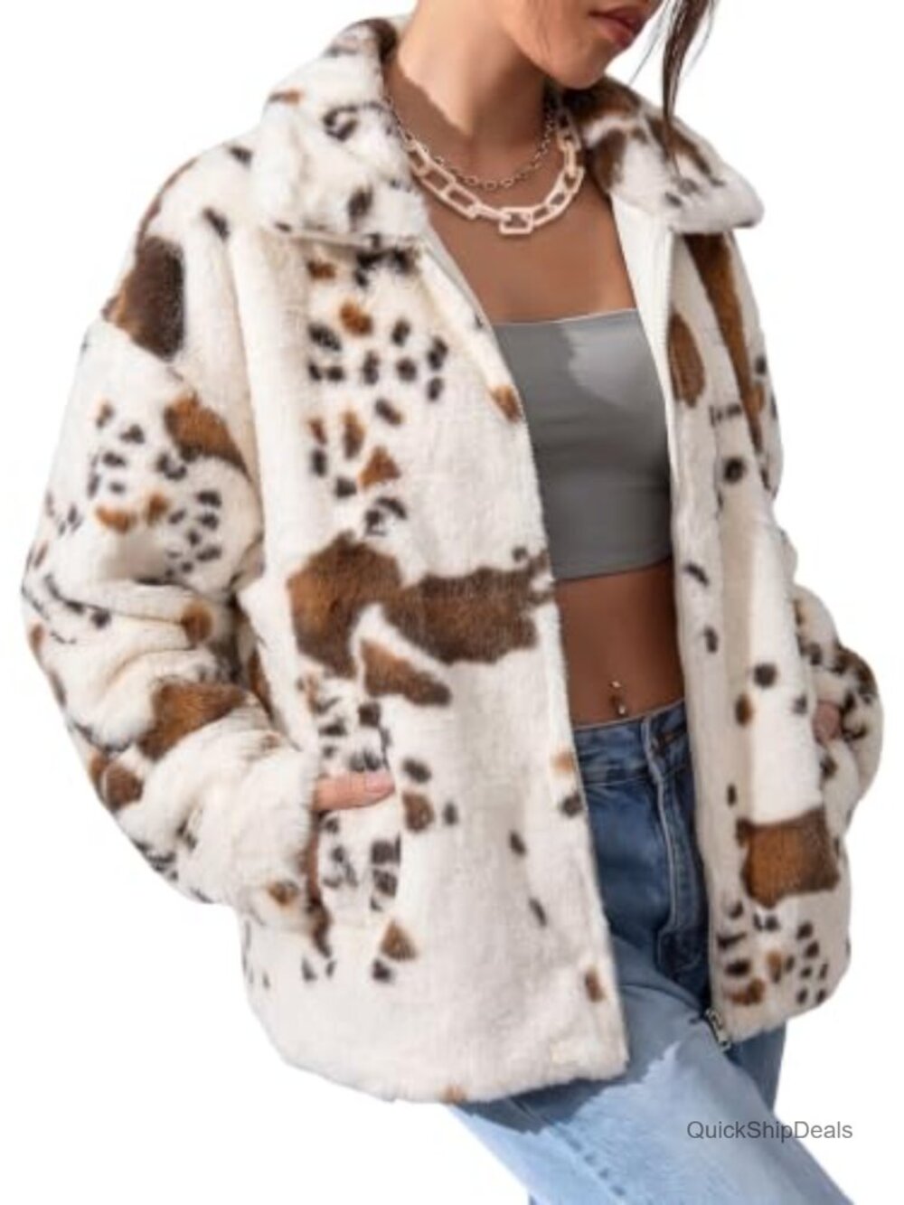 Women's Fleece Jacket Zip Up Cow Print Coat Oversized Warm Fall Winter